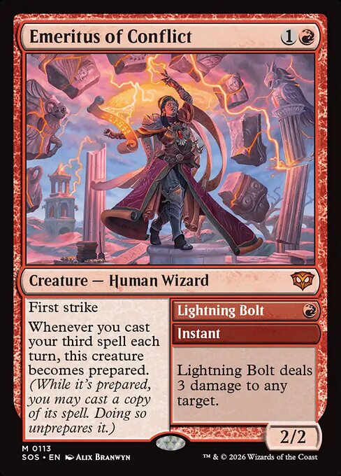Emeritus of Conflict // Lightning Bolt - Secrets of Strixhaven MTG spoiler